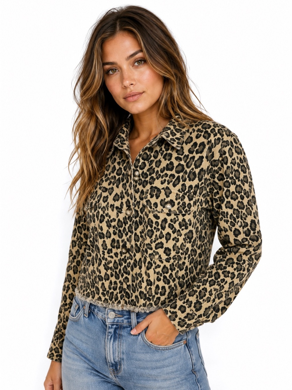 ee:some Leopard Print Cropped Denim Jacket Frayed Hem Size Small